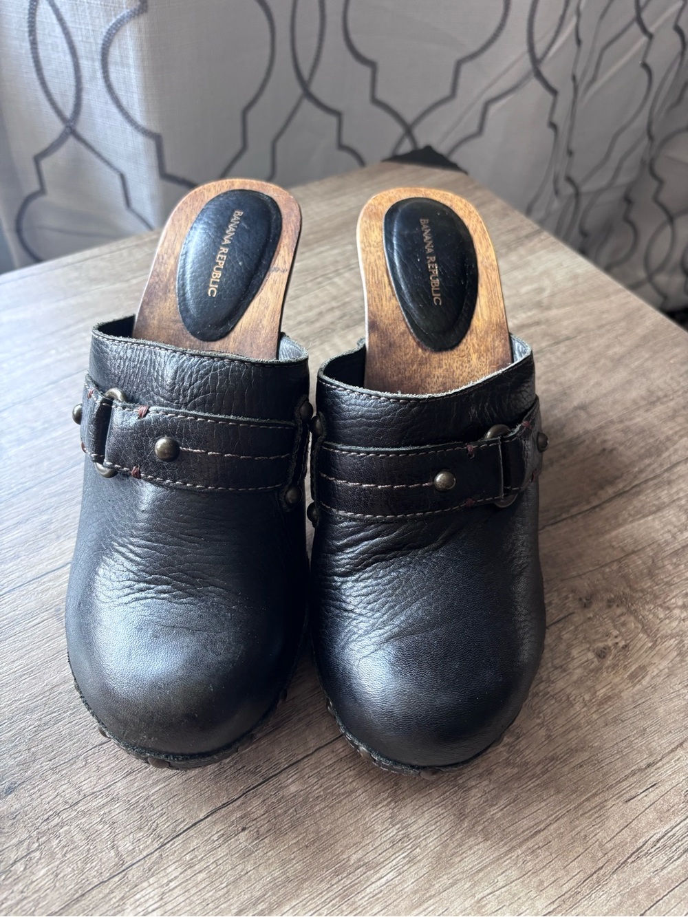 Vintage Banana Republic Black Leather Clog Slides with Studded Strap